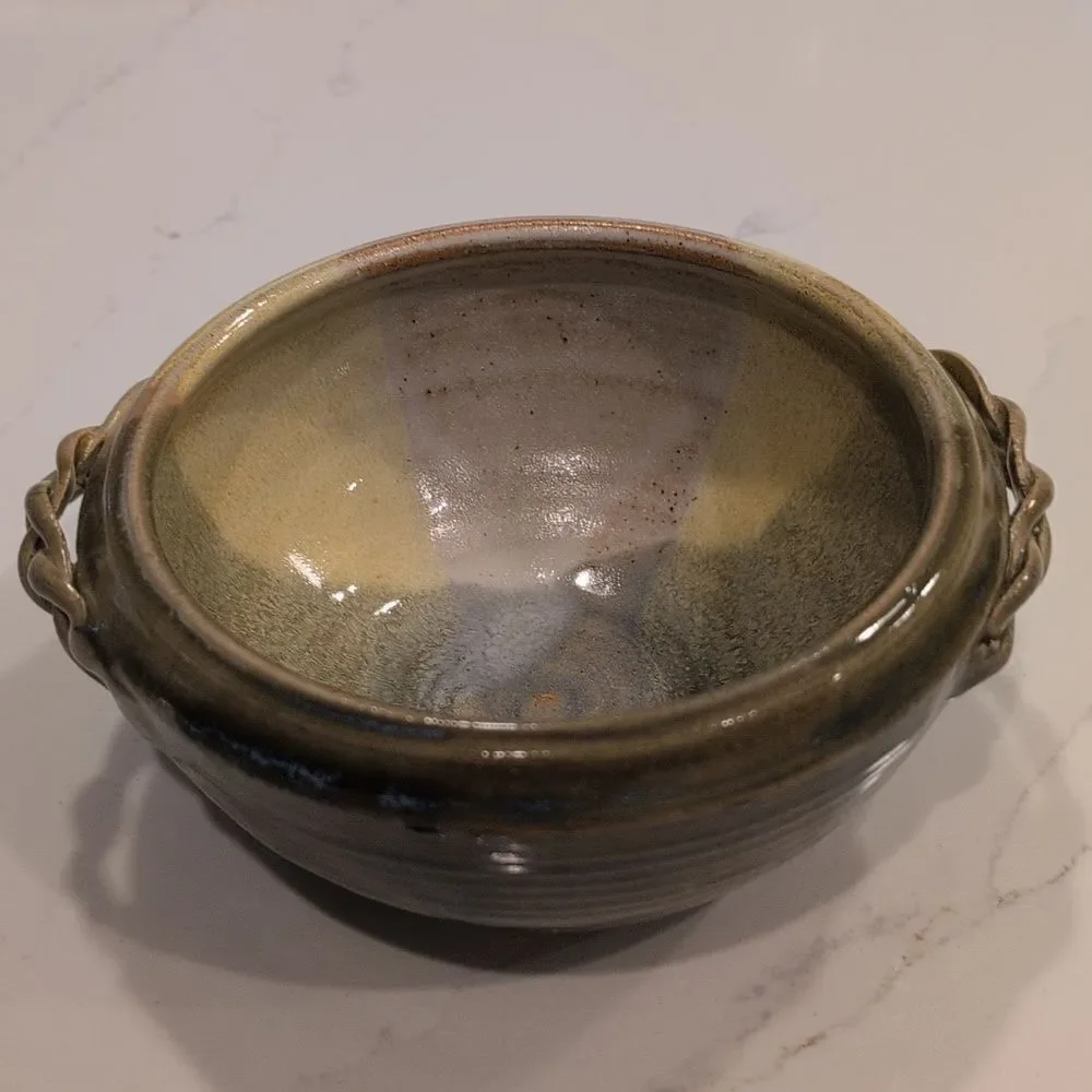 Handmade Ribbed Pottery Bowl with Braided Handles Artist Signed